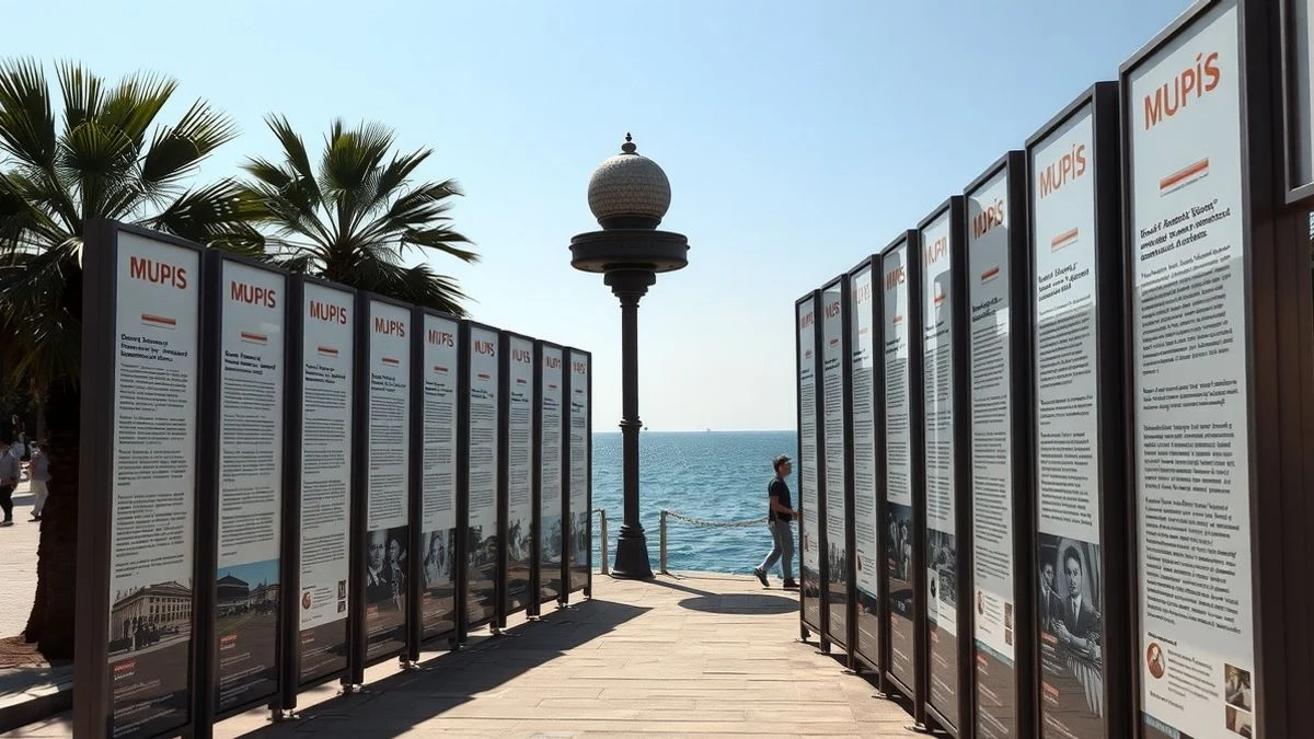 Vista cenital de una hilera de mupis con paneles expositivos en una avenida de Marbella junto al mar