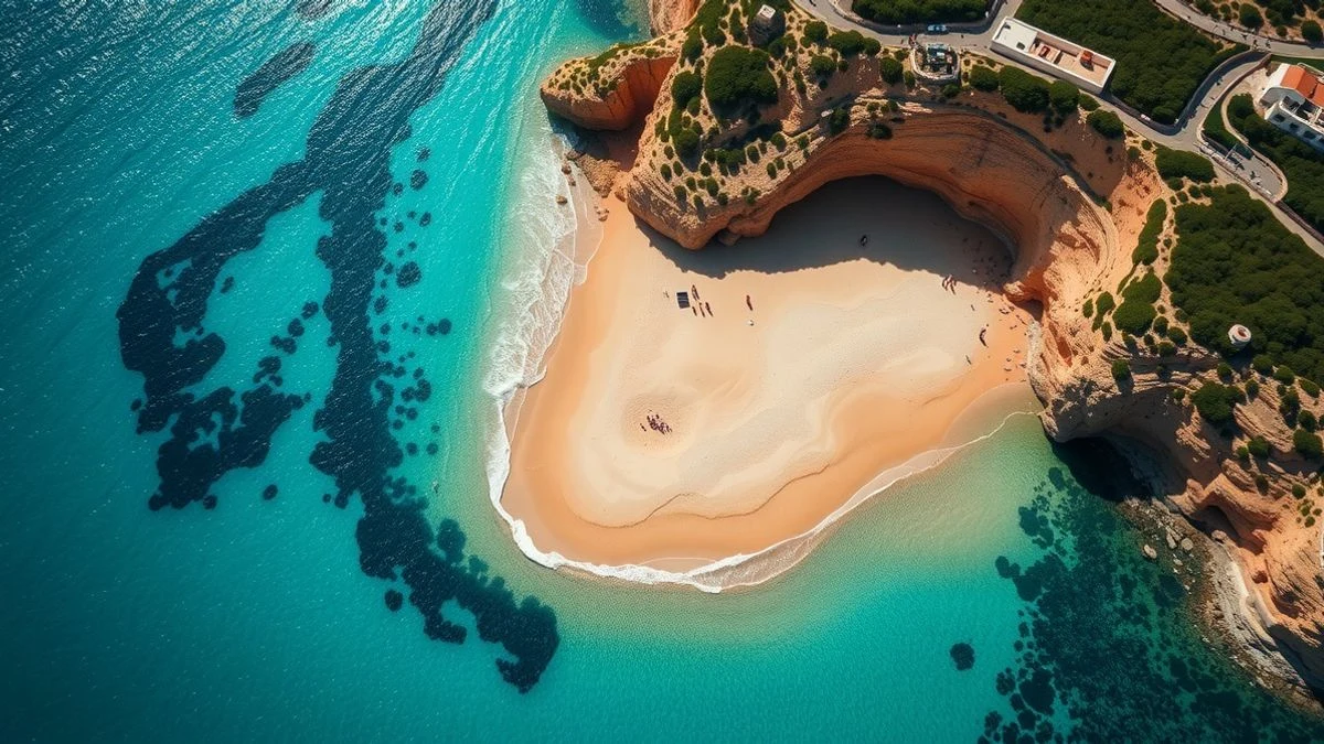 Vista cenital de la playa de las Alberquillas en Nerja, con arena dorada, aguas turquesas y acantilados verdes.