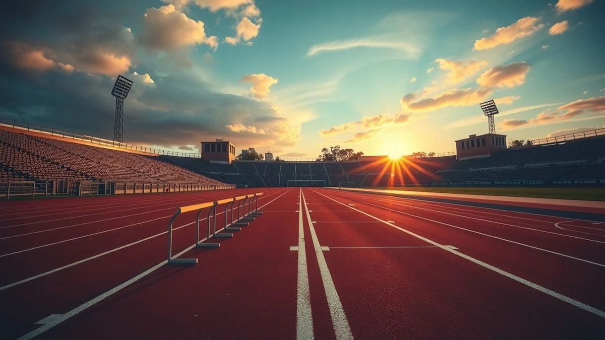 Imagen ilustrativa: pista de atletismo con vallas y gradas vacías al atardecer