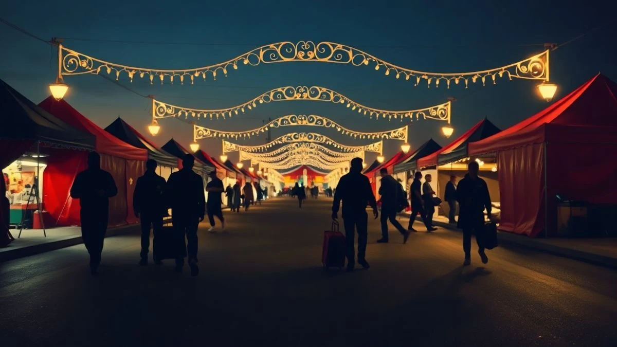 Imagen ilustrativa: calle de un recinto ferial con arcos de luces decorativas al atardecer y casetas de fondo.
