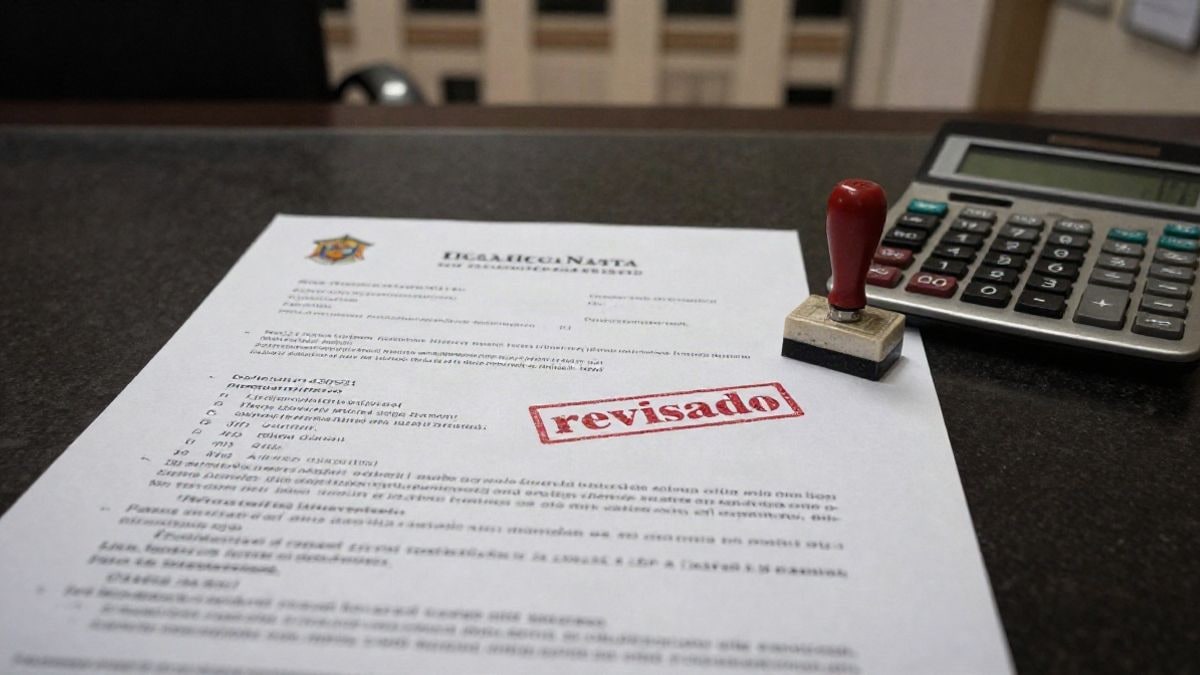 Illustrative image: overhead view of official documents and a calculator on a desk, with a blurred background.