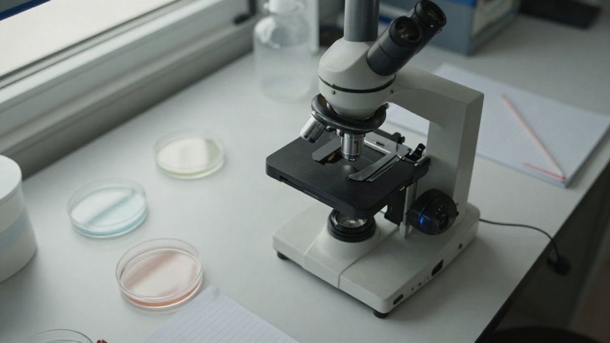 Imagen ilustrativa: vista cenital de una mesa de laboratorio con microscopio y material de investigación