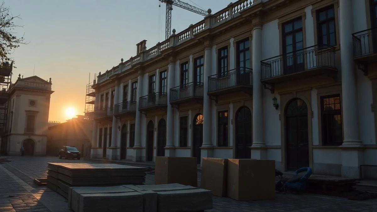 Illustrative image: facade of a historic municipal building with scaffolding and construction materials backlit at sunset.