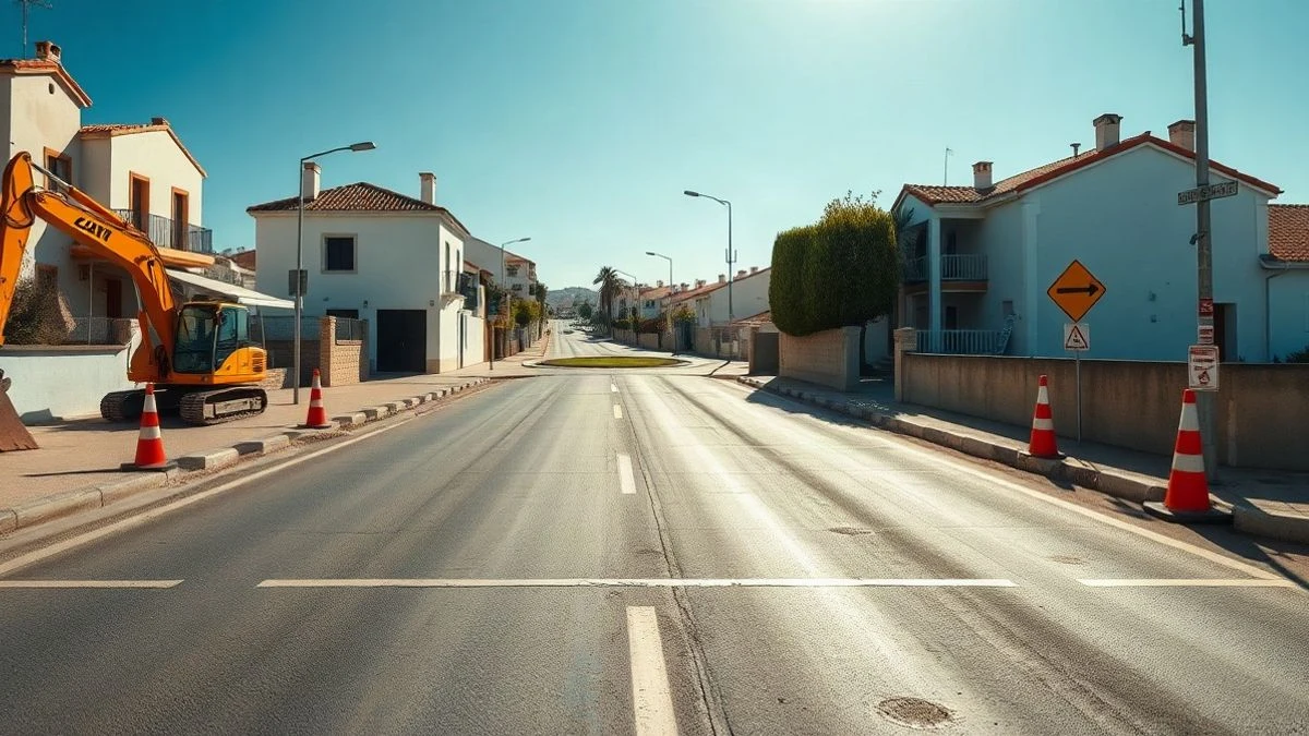 Imagen ilustrativa: calle en obras con conos y una excavadora en un pueblo mediterráneo