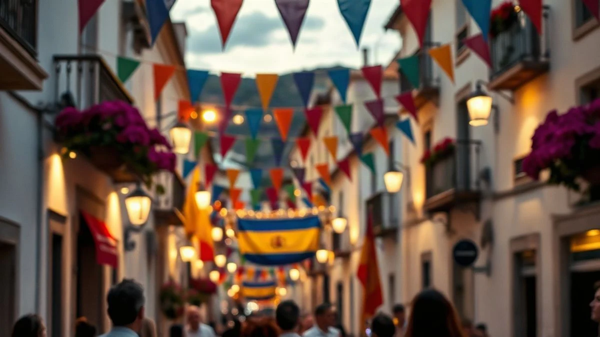 Illustrative image: a street in an Andalusian village adorned with garlands and lights at sunset, with a blurred distant procession.