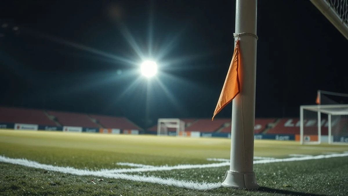 Football field illuminated by floodlights with a corner flag in the foreground