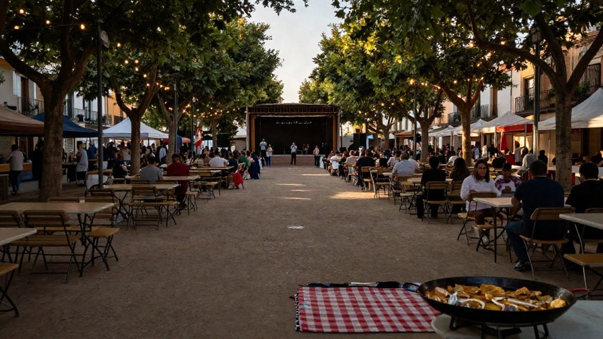 Imagen ilustrativa: gran angular de un parque público con mesas y sillas de un festival vecinal y luces cálidas al atardecer