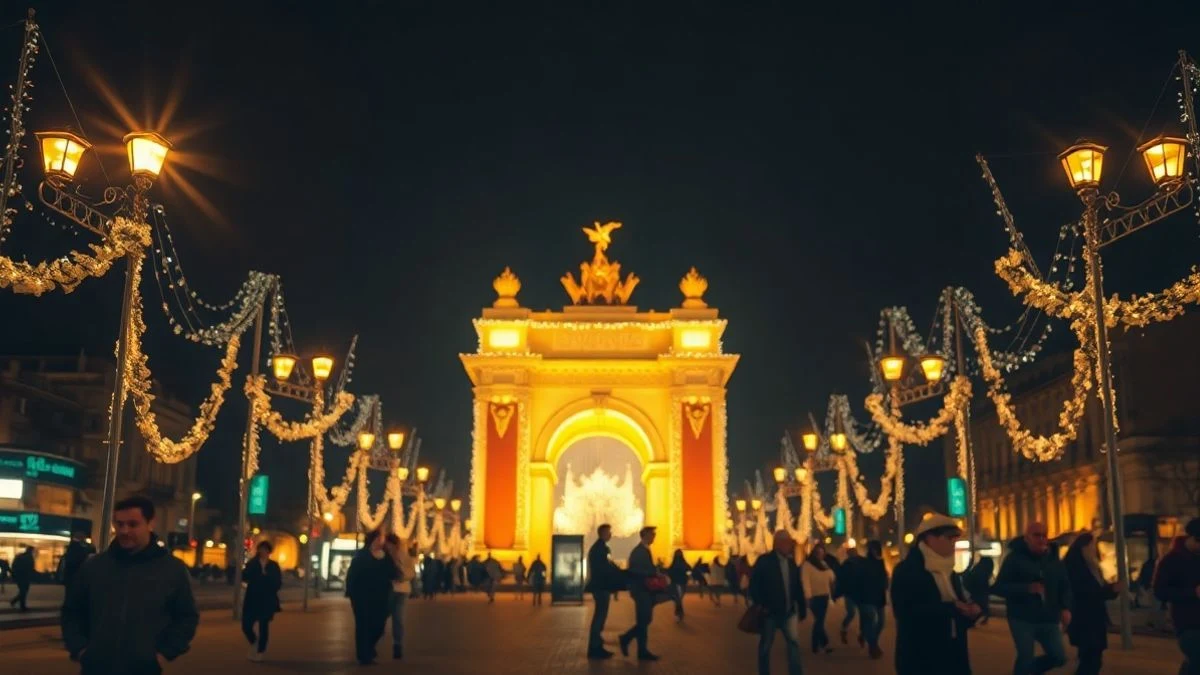 Imagen ilustrativa: arco festivo iluminado de noche con luces doradas y gente de fondo desenfocada.