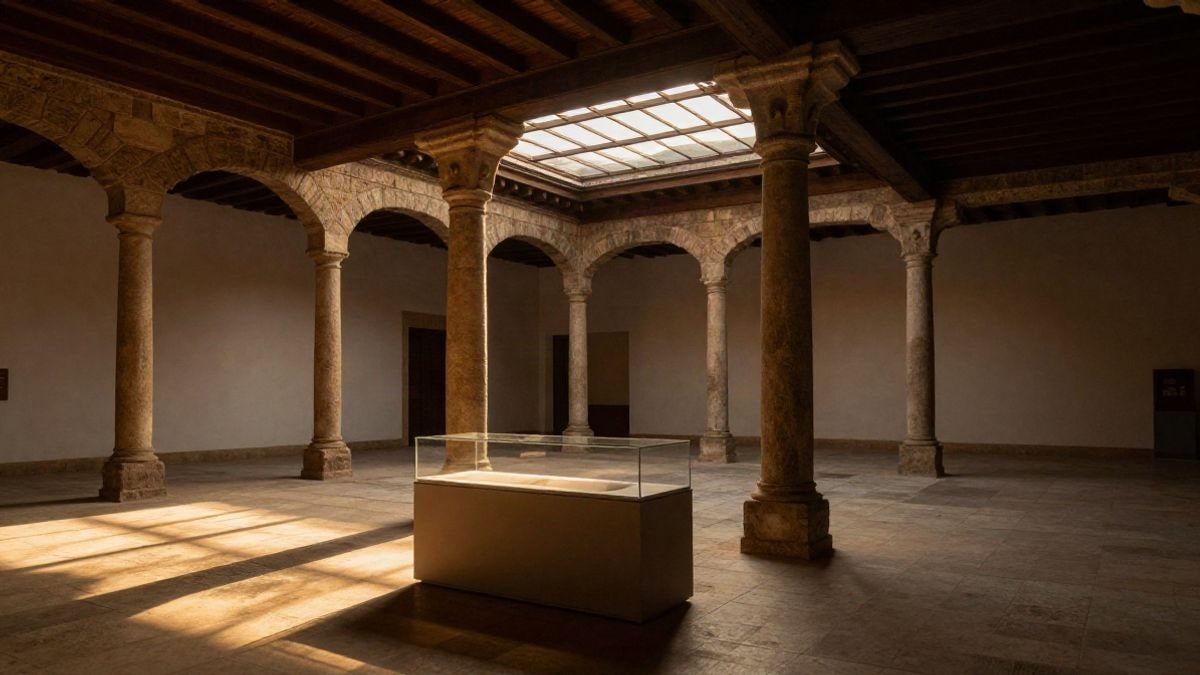 Illustrative image: interior of a restored historic building with columns and sunset light