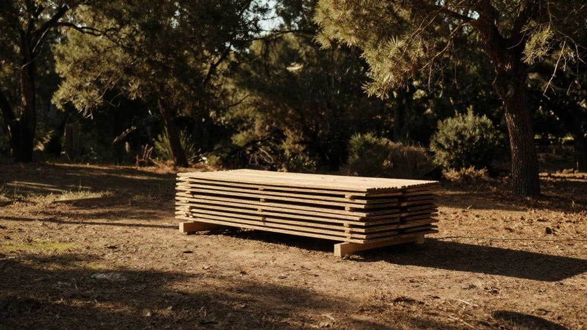 Illustrative image: stacks of cork sheets drying in the sun in a Mediterranean forest clearing