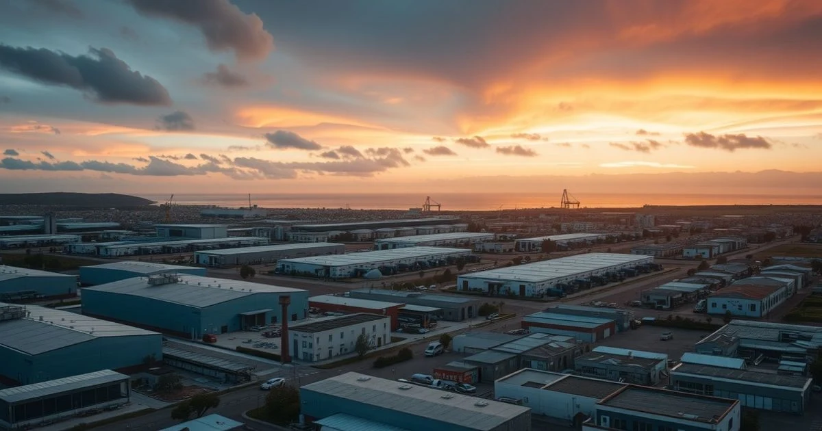Aerial view of an industrial estate at sunset with buildings and cranes
