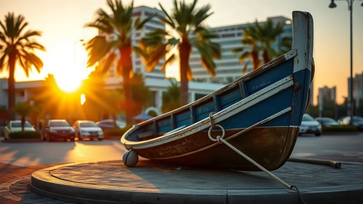 Imagen ilustrativa: un bote de madera en una rotonda al atardecer, con palmeras y un edificio moderno al fondo