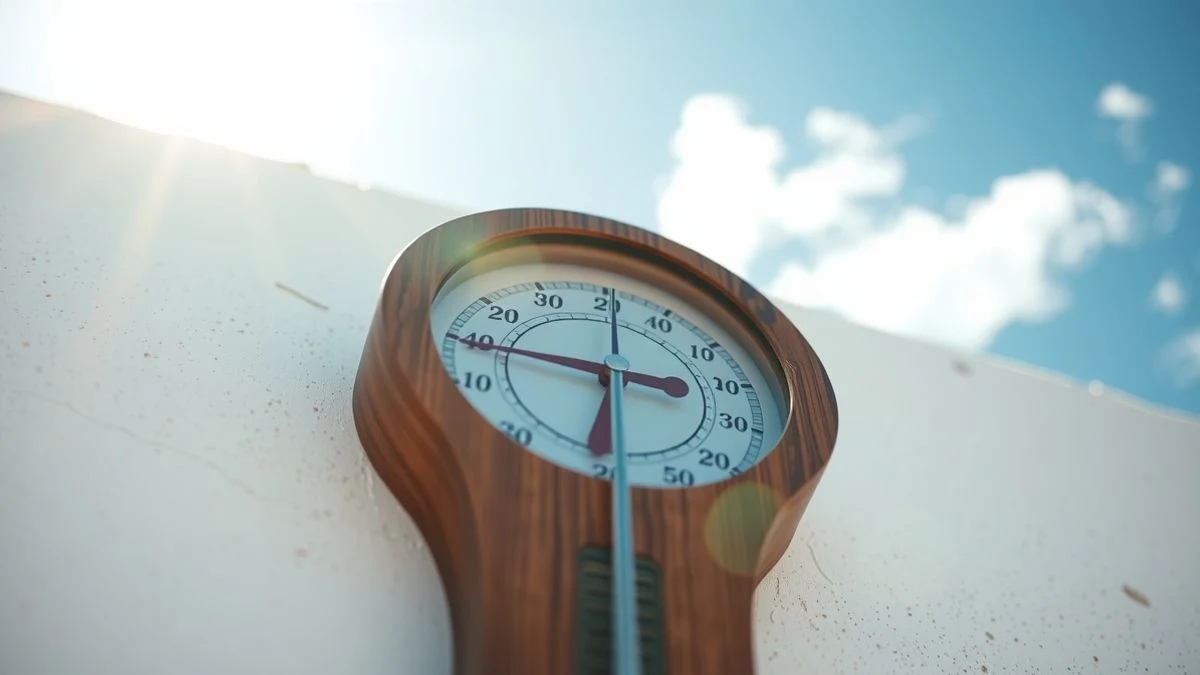 Illustrative image: wooden thermometer on a white wall lit by the sun, with a clear sky in the background, indicating a pleasant temperature.