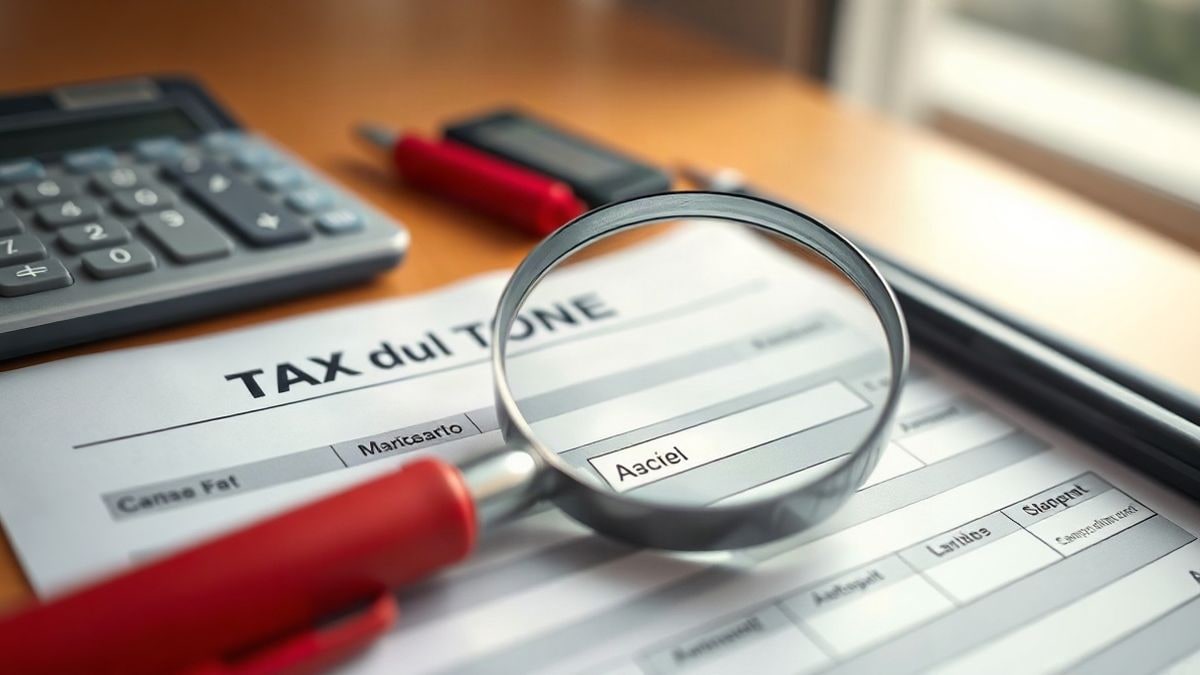 Imagen ilustrativa: una lupa sobre un formulario de impuestos con una calculadora y un bolígrafo rojo