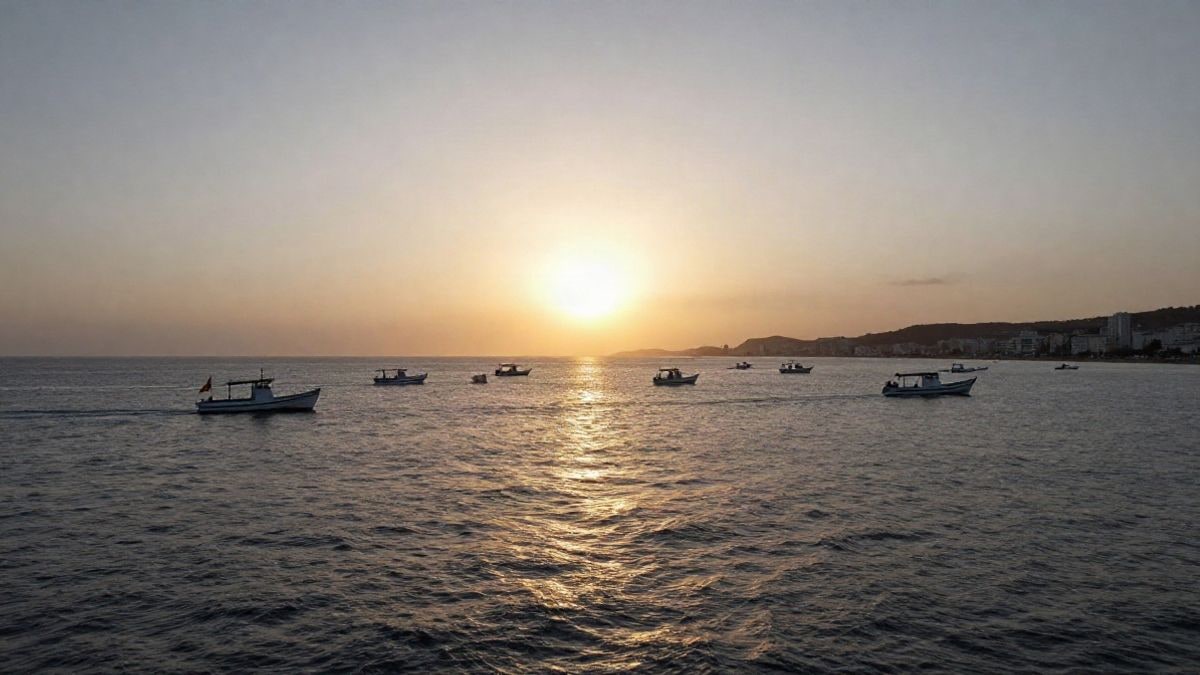 Imagen ilustrativa: una flotilla de barcos pequeños navega en el mar durante el atardecer, con la costa de una ciudad al fondo y banderas de España ondeando.
