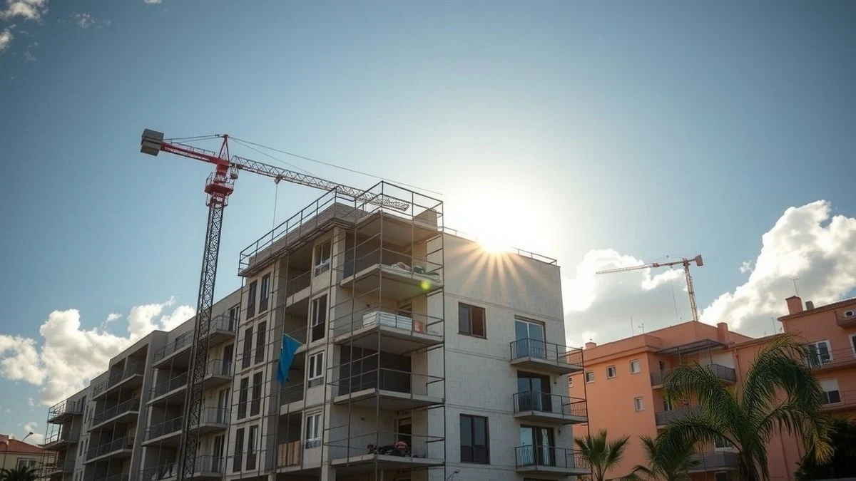 Building of homes under construction in Marbella, with crane and scaffolding, under a blue sky and soft clouds.