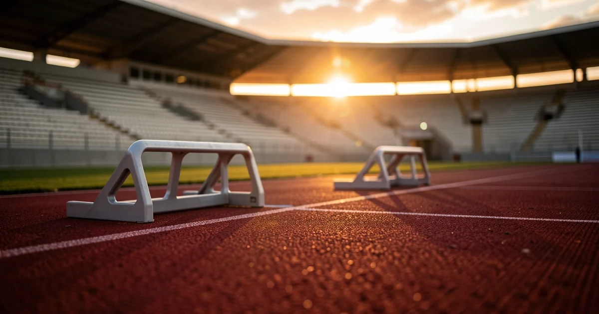 Pista de atletismo vacía con bloques de salida en Nerja
