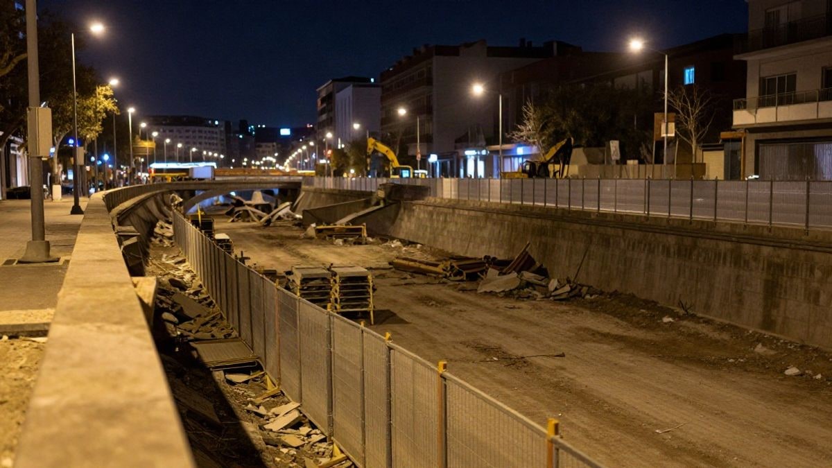 Illustrative image: night construction area next to an urban channel with fences and debris under artificial light