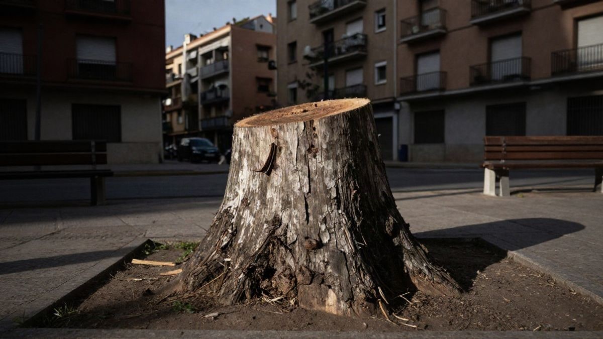 Imagen ilustrativa: un tocón de árbol recién cortado en una placeta urbana con bancos y edificios al fondo.