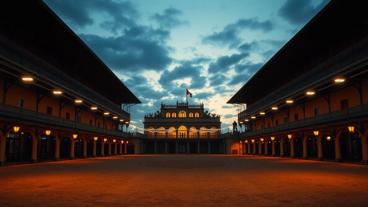 Imagen ilustrativa: escenario vacío en una plaza de toros al atardecer con luces de colores, preparado para un concierto