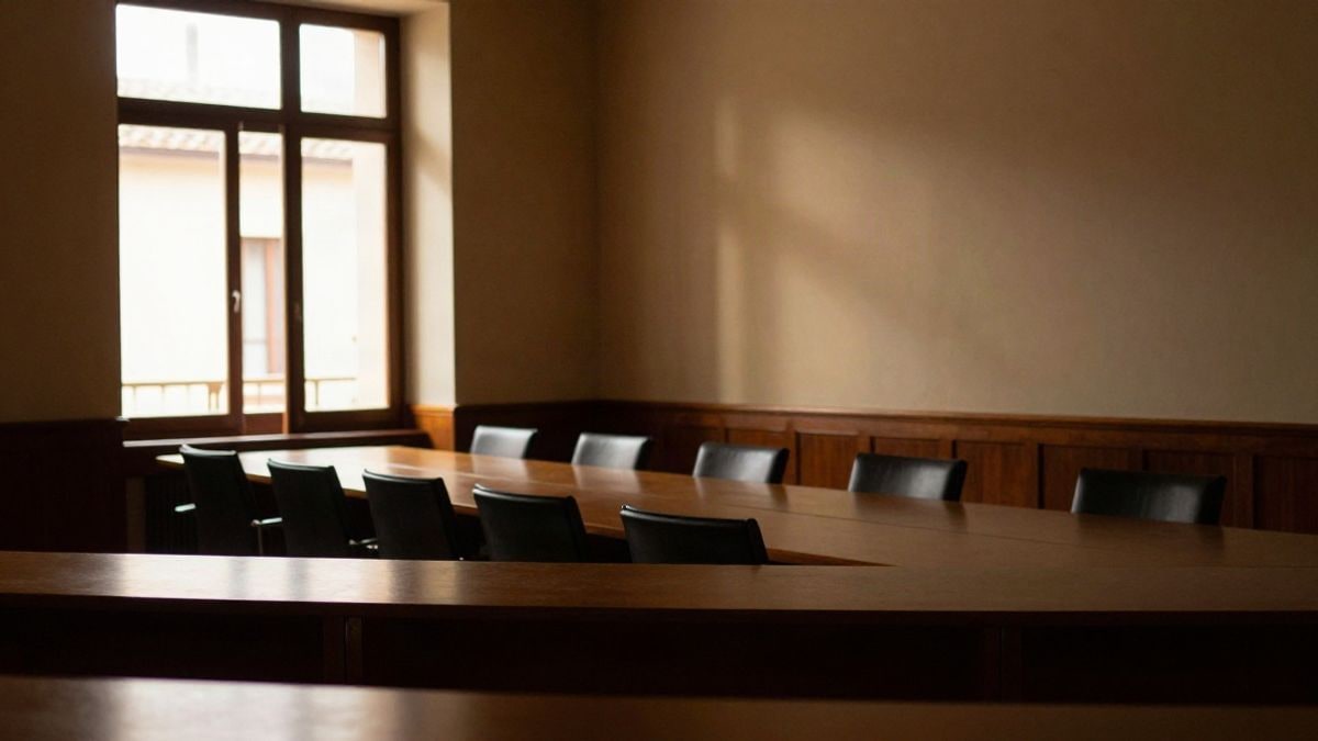 Illustrative image: interior of a plenary hall with a table and empty chairs under side light from a window