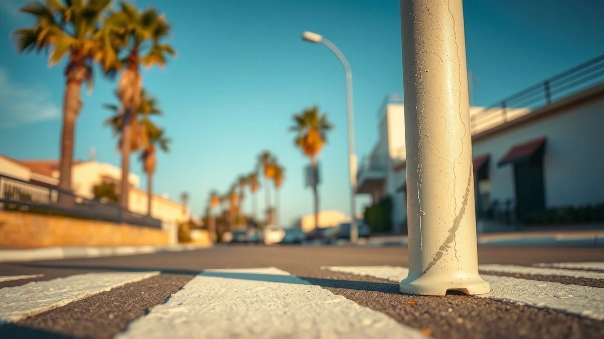 Illustrative image: a newly painted pedestrian crossing on a residential street with palm trees in the background