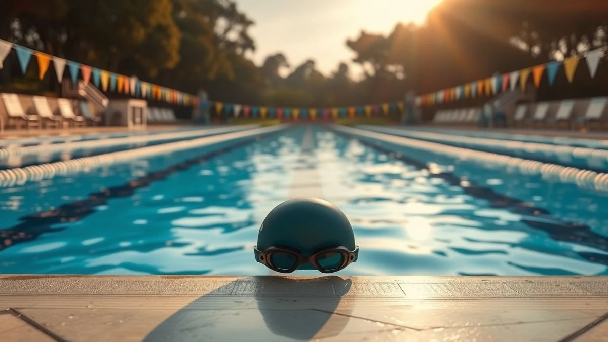 Illustrative image: empty pool at sunset with swimming cap and goggles on the edge