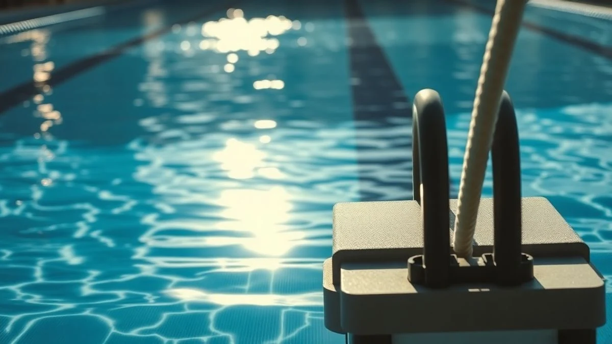 Illustrative image: an empty pool with marked lanes and sunlight reflecting on the water
