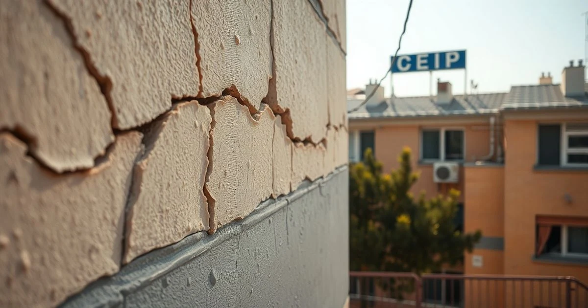 Grietas en la fachada de un edificio residencial en un barrio de Málaga, con un colegio al fondo