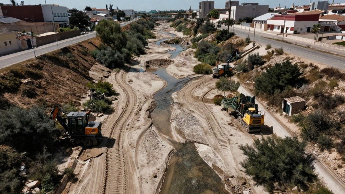 Illustrative image: aerial view of an urban watercourse with cleared vegetation and maintenance machinery