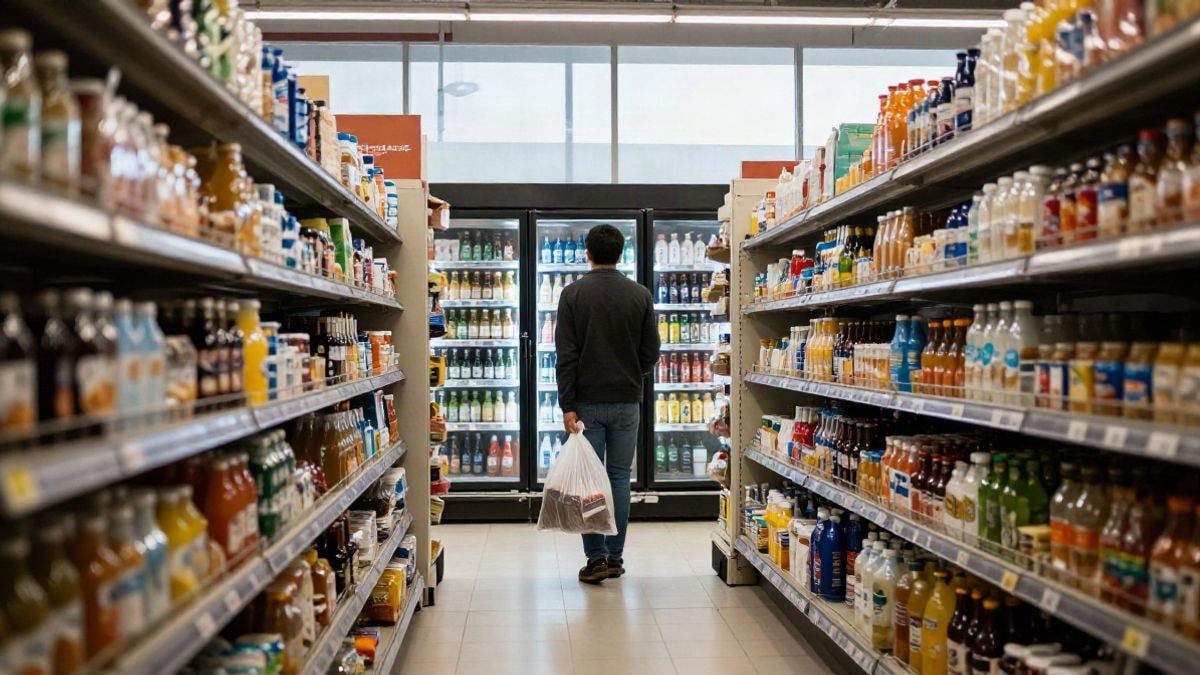 Imagen ilustrativa: pasillo de un supermercado con estanterías de productos y una nevera de bebidas al fondo.