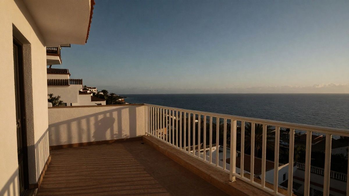 Imagen ilustrativa: terraza de apartamento costero con barandilla blanca y el mar al fondo al atardecer