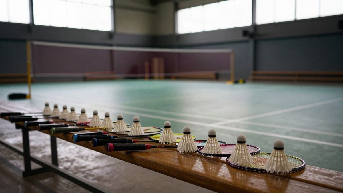 Illustrative image: badminton rackets and shuttlecocks on a bench next to an indoor court