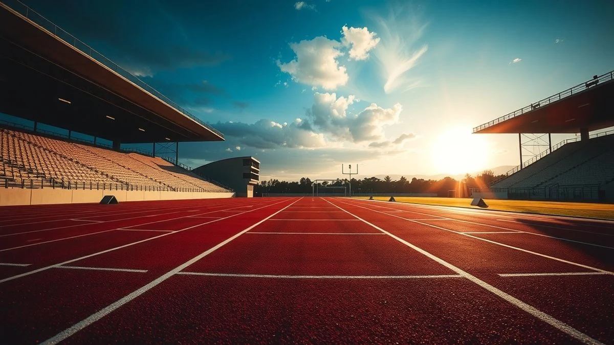 Imagen ilustrativa: pista de atletismo con líneas convergentes y una zona de salto de altura al fondo, iluminada por la luz del atardecer.