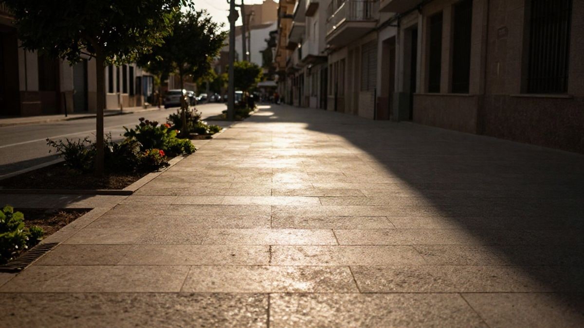Imagen ilustrativa: calle peatonal recién pavimentada con jardineras y árboles pequeños en un barrio residencial
