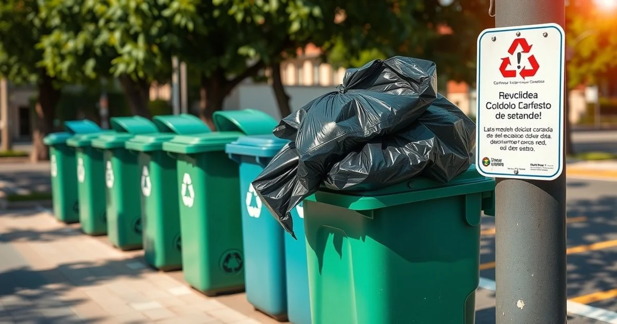 Contenedores de basura en una calle de Marbella, uno lleno con bolsas fuera, y un cartel de advertencia.