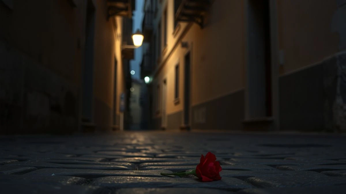 Imagen ilustrativa: un callejón estrecho de un pueblo andaluz al atardecer, con un clavel rojo en el suelo empedrado