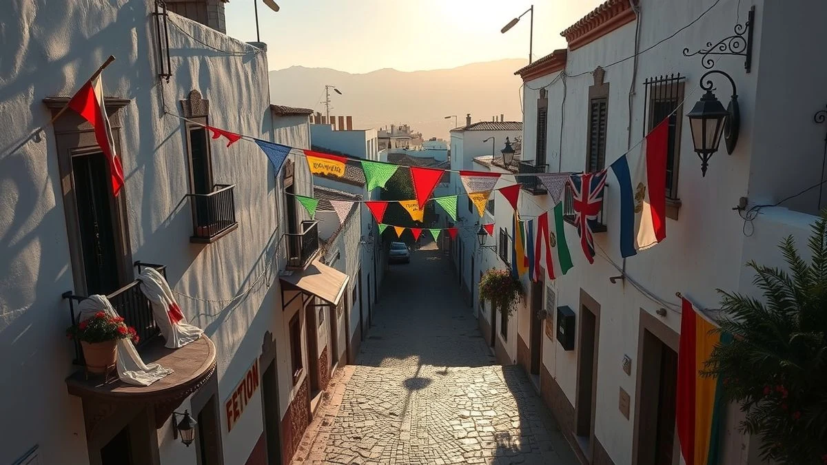 Illustrative image: aerial view of a street in an Andalusian village decorated with bunting and a procession of figures in historical costumes.