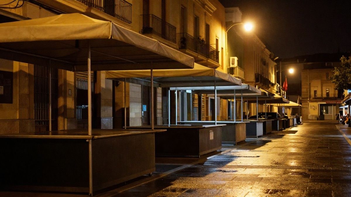Illustrative image: row of market stalls with closed awnings under streetlights at night