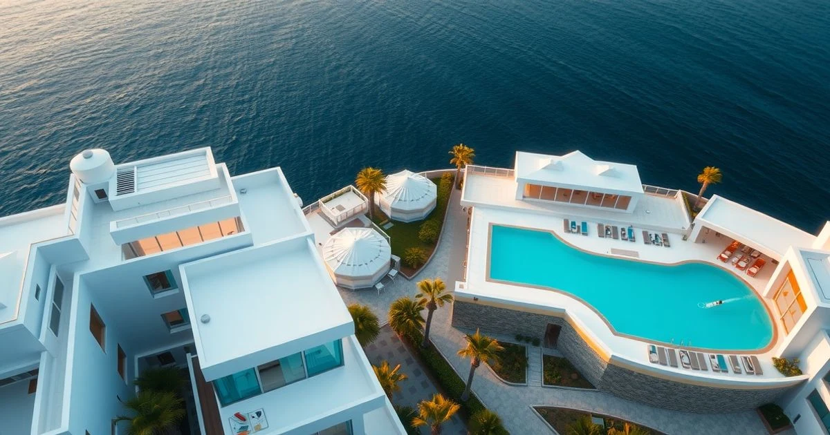 Vista aérea de un complejo hotelero de lujo en la Costa del Sol con piscina infinity y mar Mediterráneo al atardecer