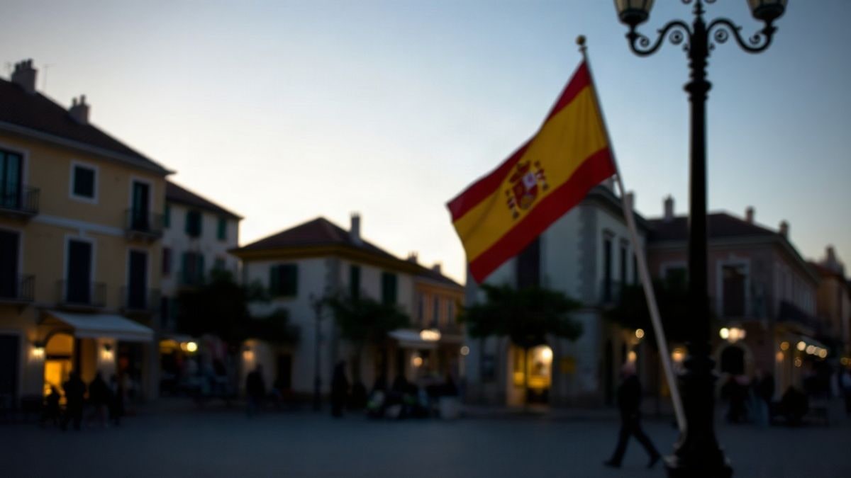 Imagen ilustrativa: una plaza de un pueblo español al atardecer, con una bandera de España y un grupo de personas de espaldas reunidas en señal de solidaridad.