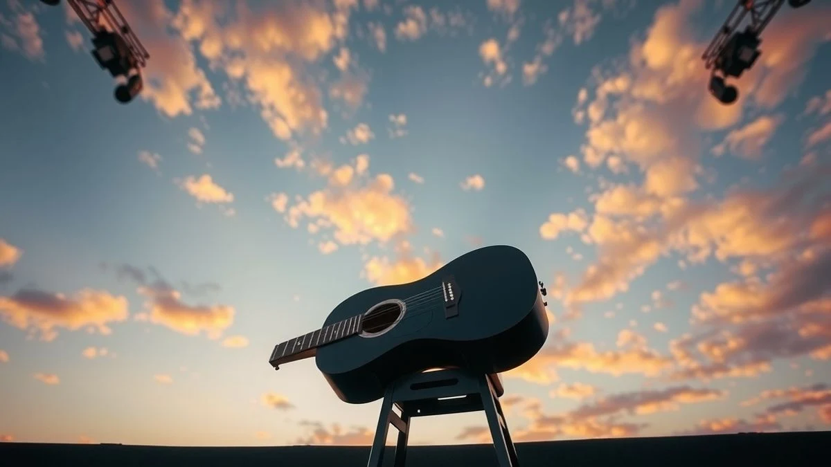 Imagen ilustrativa: una guitarra sobre un taburete en un escenario vacío al atardecer