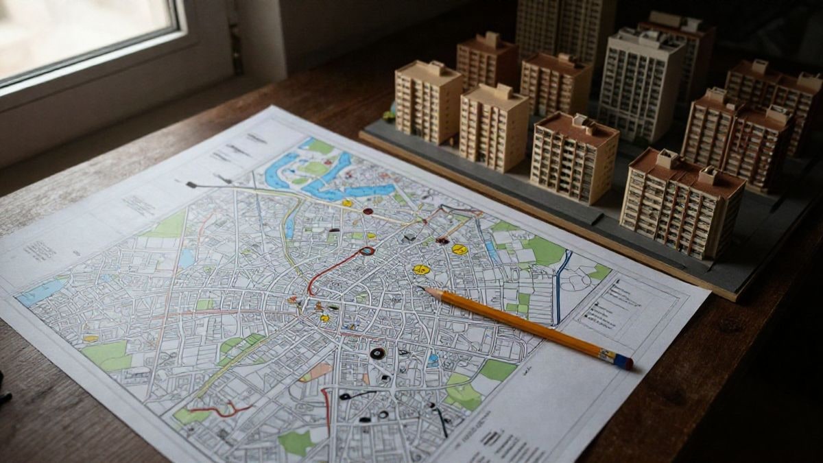 Illustrative image: overhead view of a desk with urban planning plans and a model of residential buildings