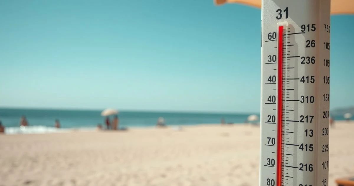 Playa soleada en Málaga con termómetro marcando 31 grados y sombrillas