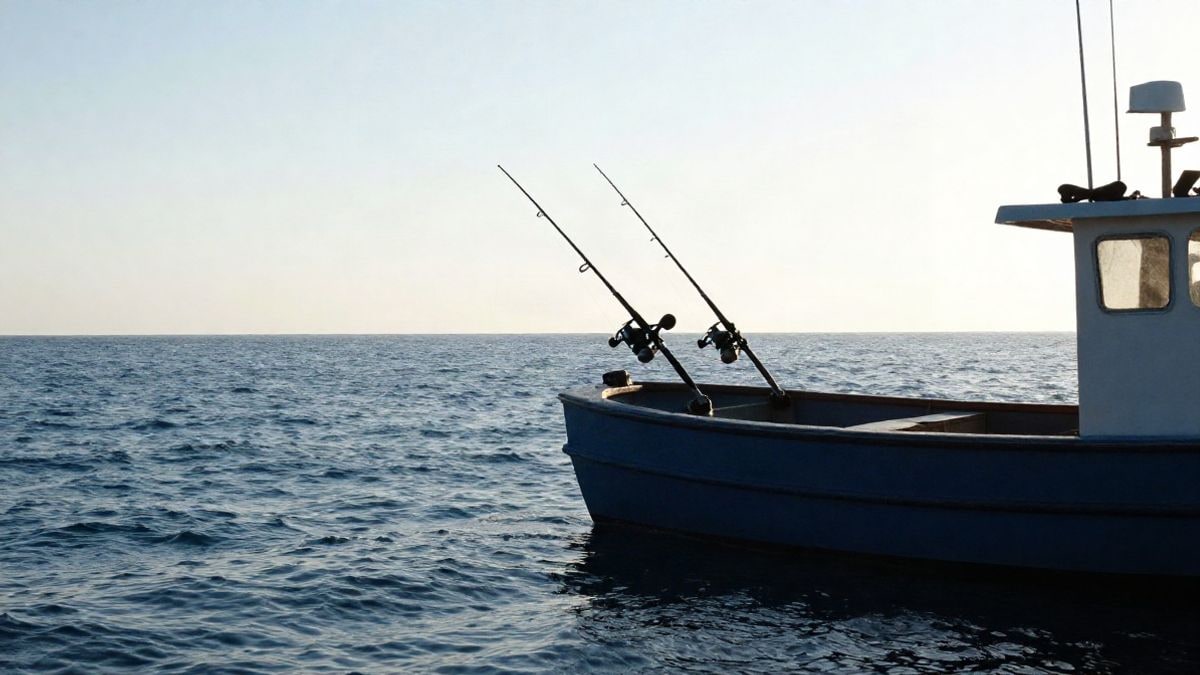 Imagen ilustrativa: proa de un barco de pesca surcando el mar al amanecer, con cañas de pescar en cubierta, sin personas visibles.