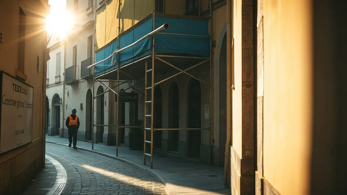 Illustrative image: narrow street with building facade under renovation and scaffolding, evening light