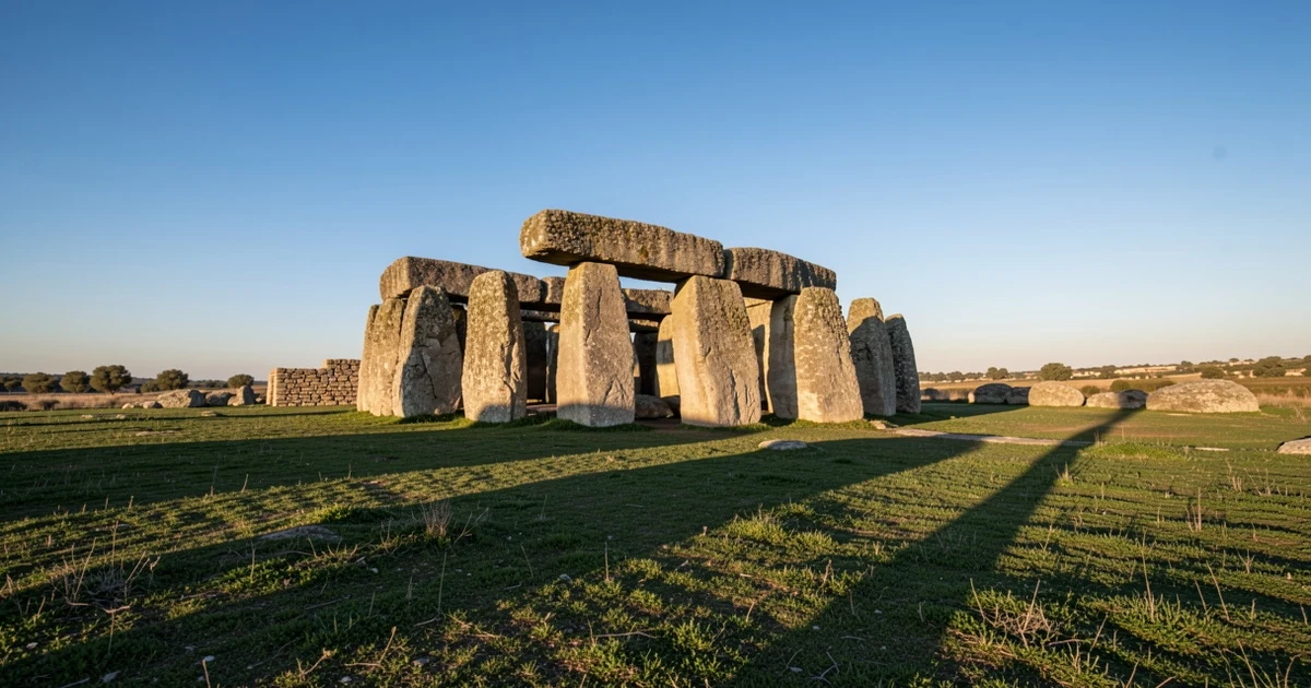 Dolmen of Menga in Antequera at dawn, with grass and blue sky in the background
