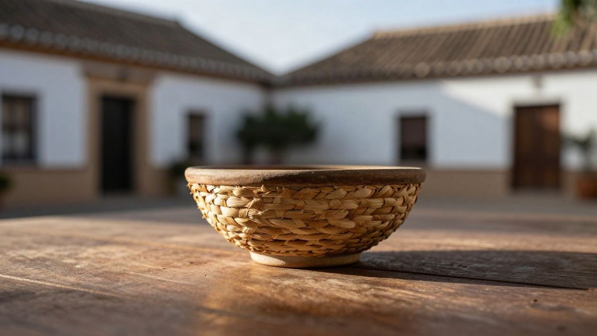 Imagen ilustrativa: piezas de cerámica y fibras vegetales sobre una mesa de madera en un patio andaluz