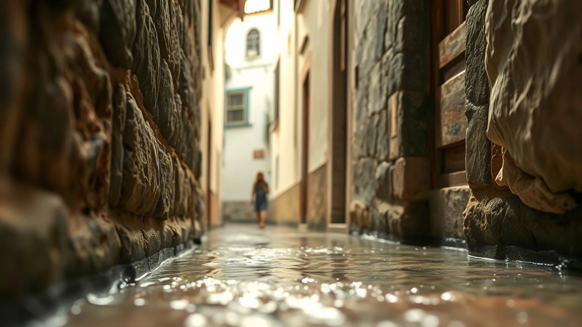Acequia de piedra con agua cristalina en una calle empedrada de un pueblo blanco de la Alpujarra
