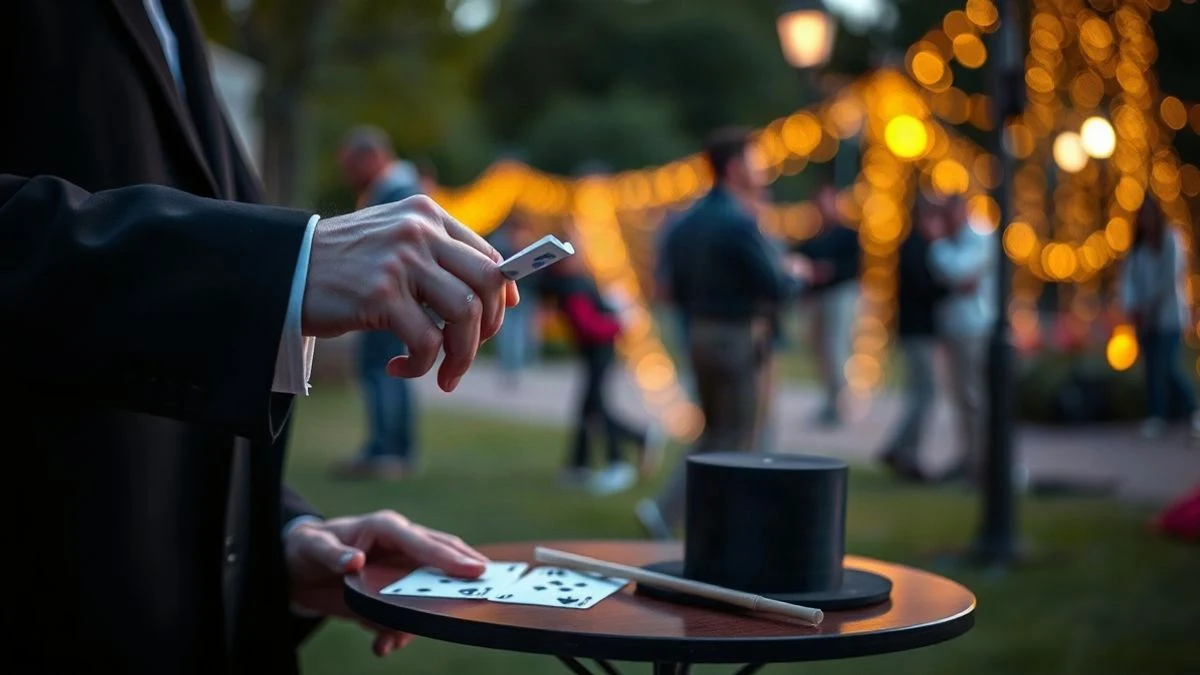 Imagen ilustrativa: manos de un mago realizando un truco de cartas sobre una mesa, con chistera y varita, al atardecer en un parque.